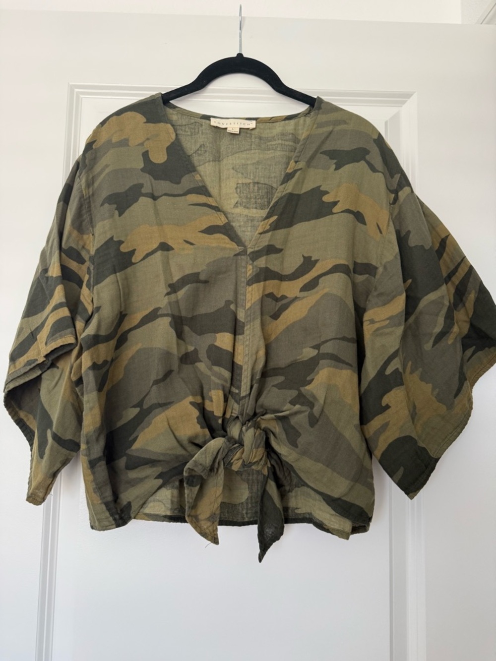 lovestitch Camo Tie-Front Blouse in Olive and Khaki